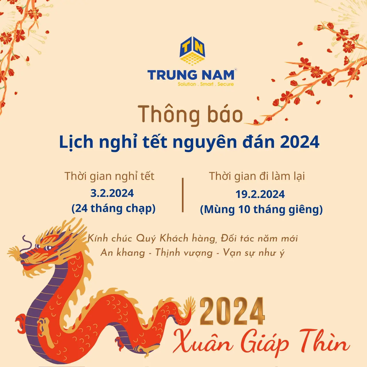 THÔNG BÁO LỊCH NGHỈ TẾT NGUYÊN ĐÁN 2024